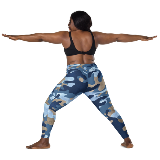 Blue and Tan Camo High-Waisted Semi-Compression Leggings with Side Pockets