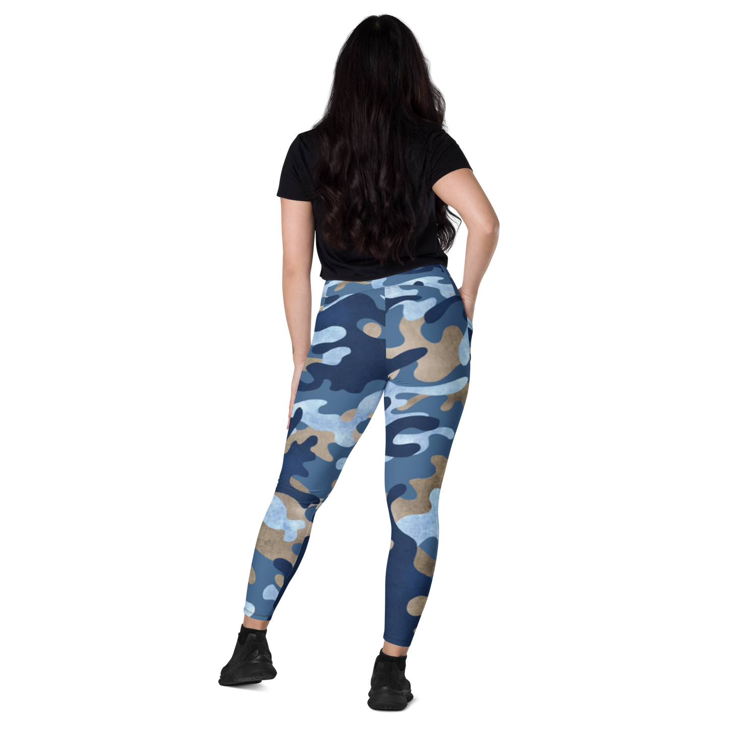 Blue and Tan Camo High-Waisted Semi-Compression Leggings with Side Pockets