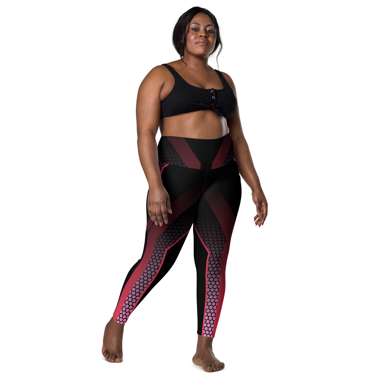 Black and Red Lion3ss Dynasty High-Waisted Compression Sports Leggings with Pockets