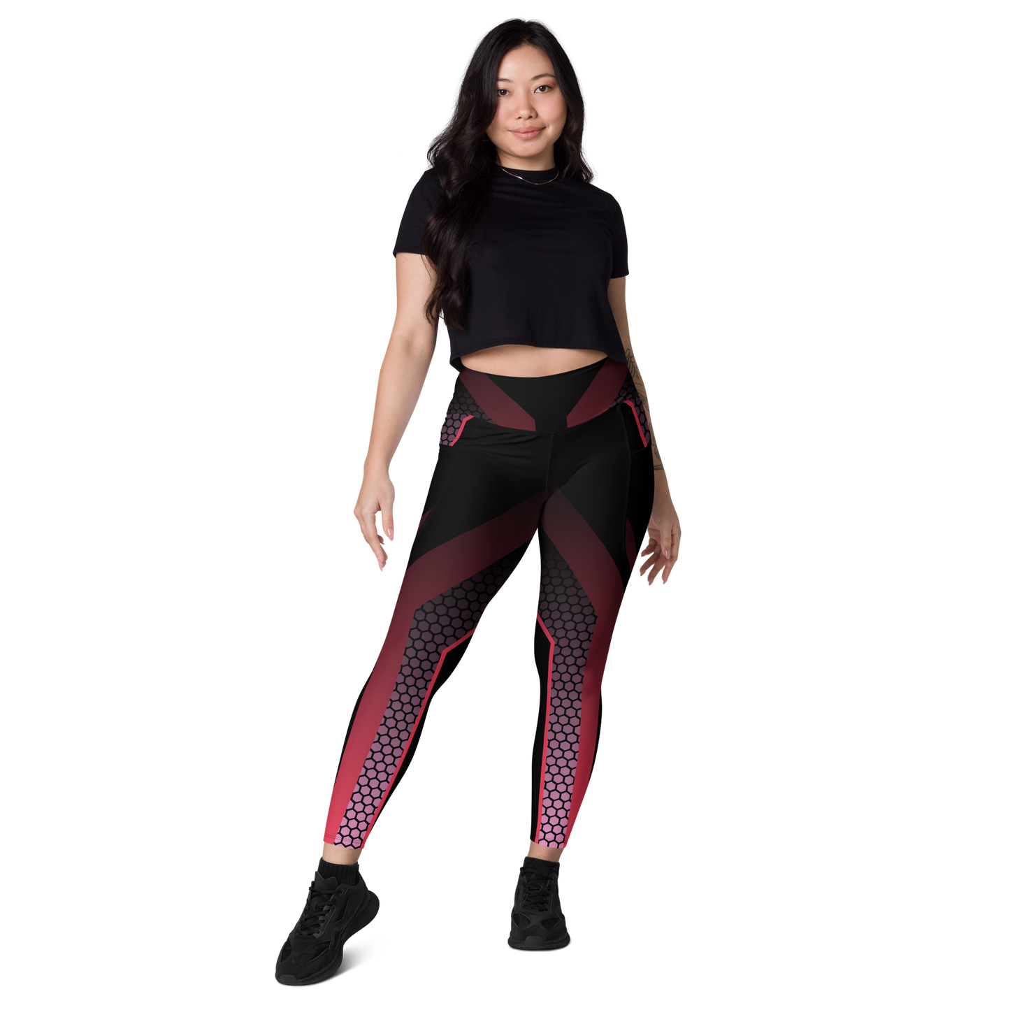 Black and Red Lion3ss Dynasty High-Waisted Compression Sports Leggings with Pockets