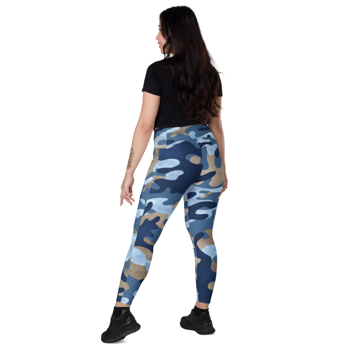 Blue and Tan Camo High-Waisted Semi-Compression Leggings with Side Pockets