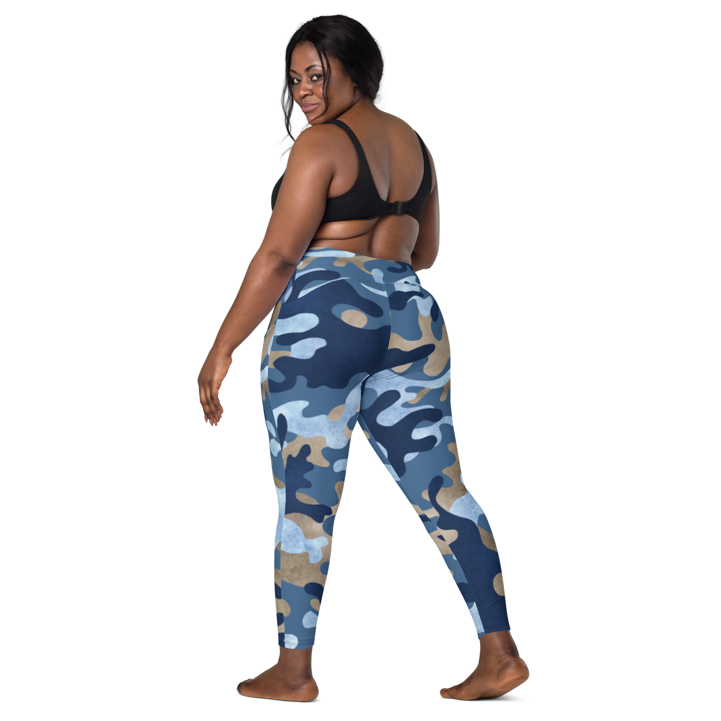 Blue and Tan Camo High-Waisted Semi-Compression Leggings with Side Pockets