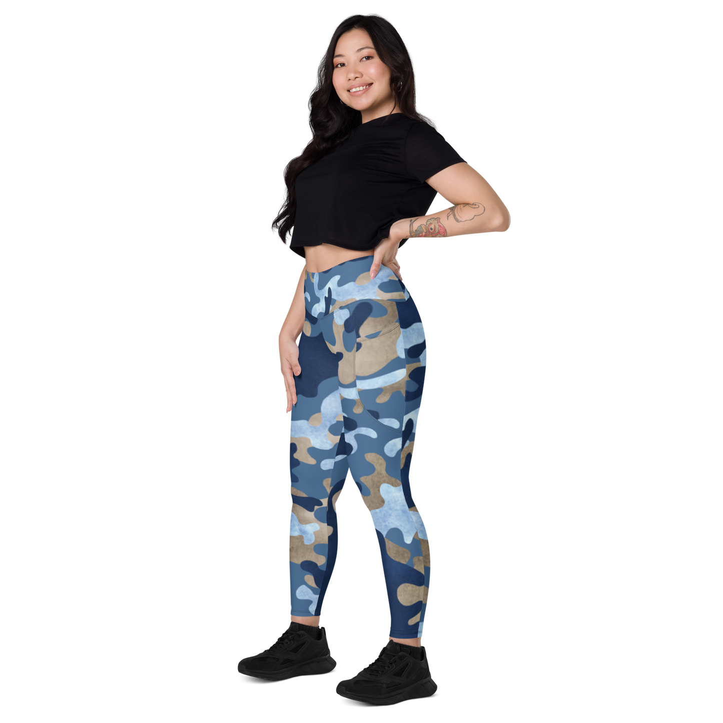 Blue and Tan Camo High-Waisted Semi-Compression Leggings with Side Pockets