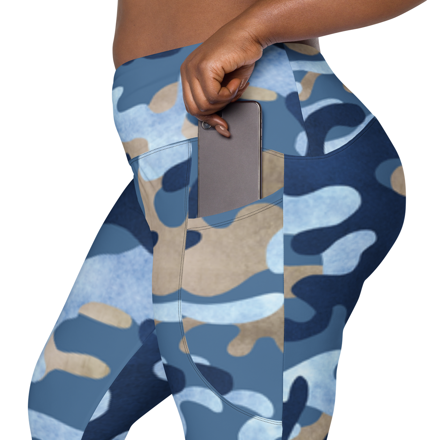 Blue and Tan Camo High-Waisted Semi-Compression Leggings with Side Pockets