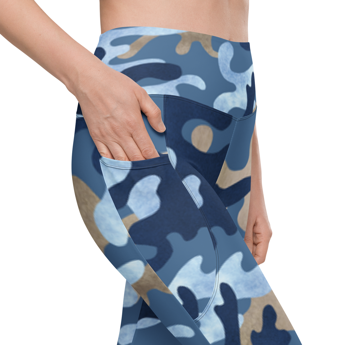 Blue and Tan Camo High-Waisted Semi-Compression Leggings with Side Pockets