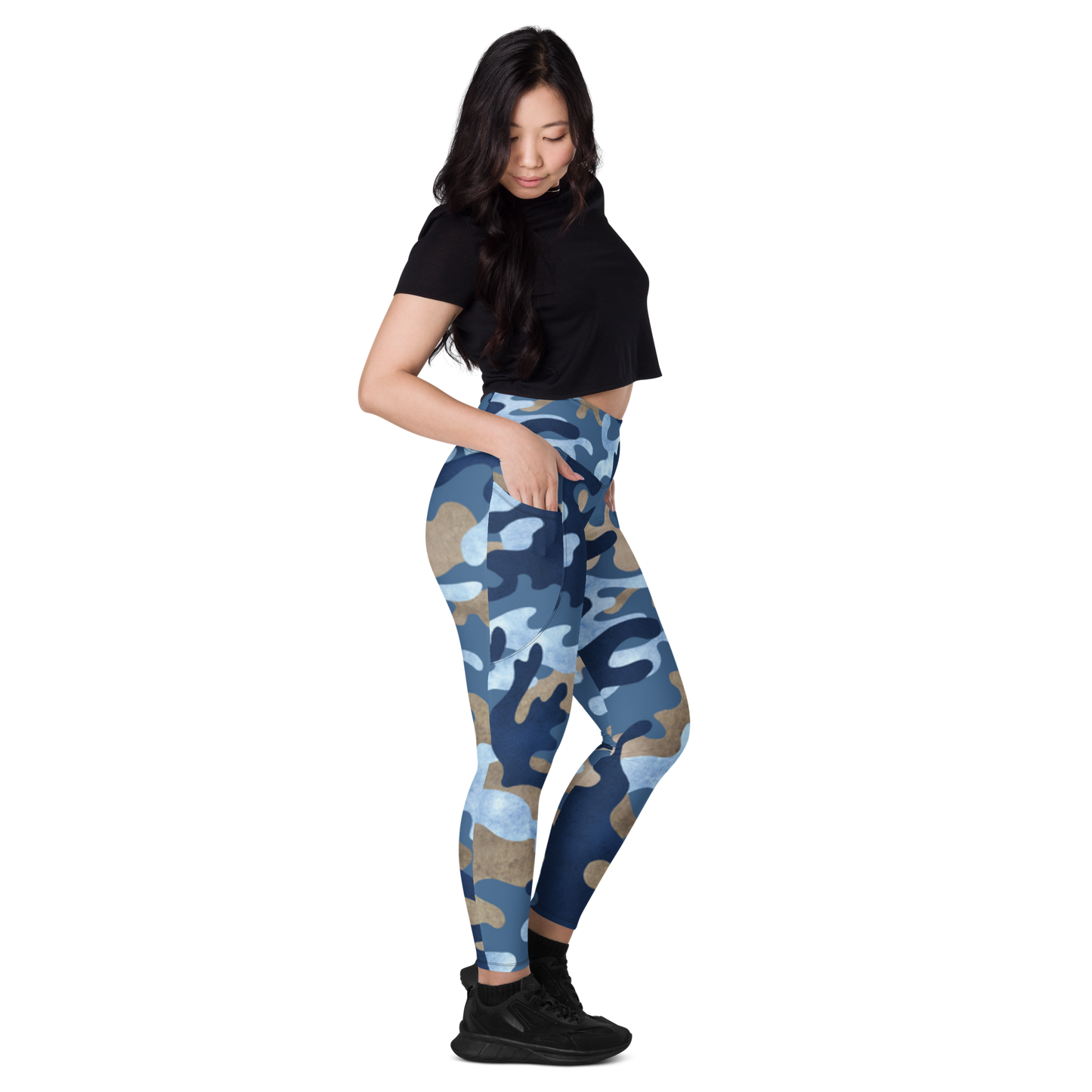 Blue and Tan Camo High-Waisted Semi-Compression Leggings with Side Pockets