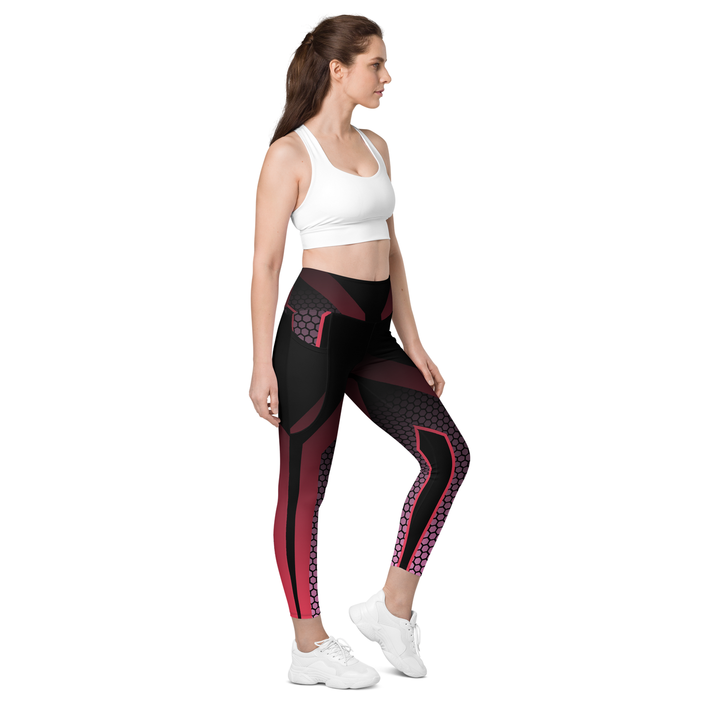 Black and Red Lion3ss Dynasty High-Waisted Compression Sports Leggings with Pockets